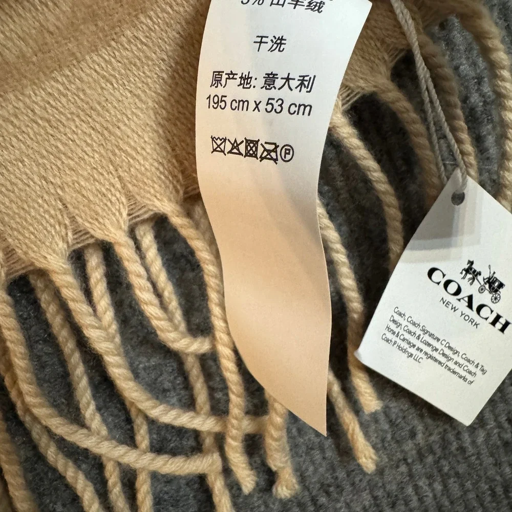 NWT Coach Signature Oversized Scarf Camel Beige Wool Cashmere Made in Italy